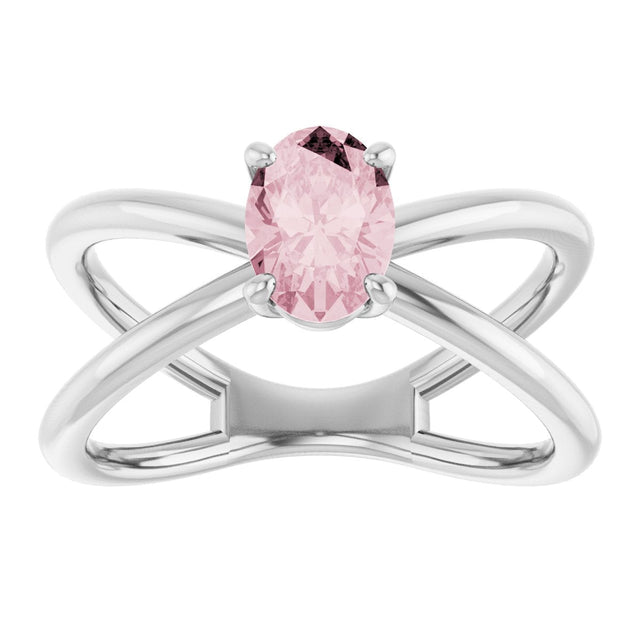 14K Gold Oval Natural Pink Morganite Solitaire Criss-Cross Ring - White Gold - view 3
