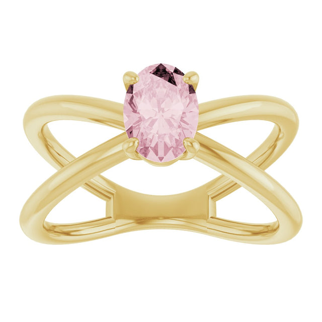 14K Gold Oval Natural Pink Morganite Solitaire Criss-Cross Ring - Yellow Gold - view 3