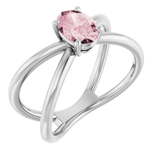 14K Gold Oval Natural Pink Morganite Solitaire Criss-Cross Ring - White Gold