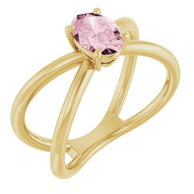 14K Gold Oval Natural Pink Morganite Solitaire Criss-Cross Ring - Yellow Gold