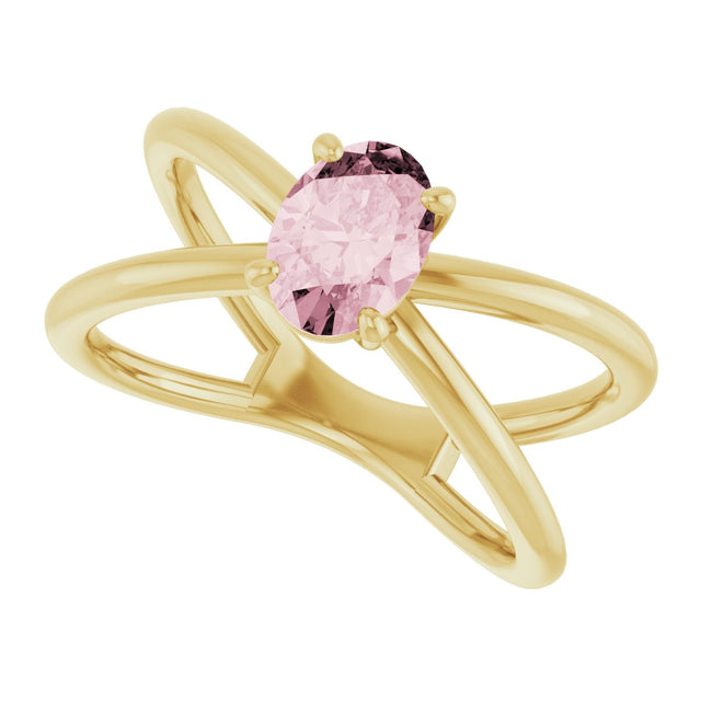 14K Gold Oval Natural Pink Morganite Solitaire Criss-Cross Ring - Yellow Gold - view 5