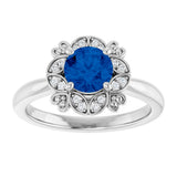 14K Gold Round Lab-Grown Blue Sapphire & Natural Diamond Halo-Style Ring II - White Gold - view 3