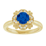 14K Gold Round Lab-Grown Blue Sapphire & Natural Diamond Halo-Style Ring II - Yellow Gold - view 3