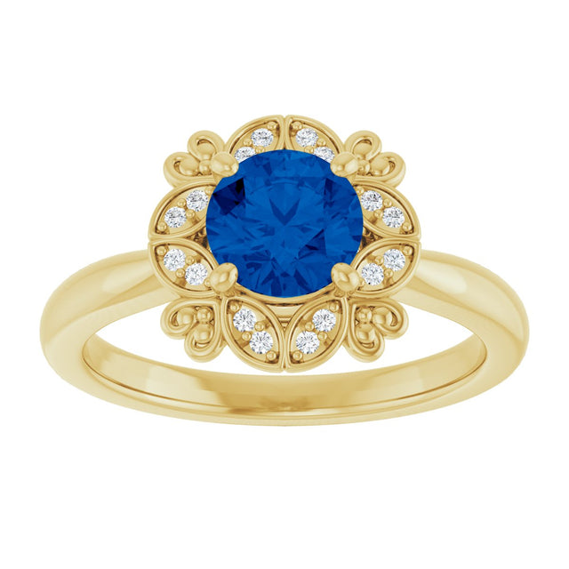 14K Gold Round Lab-Grown Blue Sapphire & Natural Diamond Halo-Style Ring II - Yellow Gold - view 3