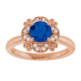 14K Gold Round Lab-Grown Blue Sapphire & Natural Diamond Halo-Style Ring II - Rose Gold - view 3