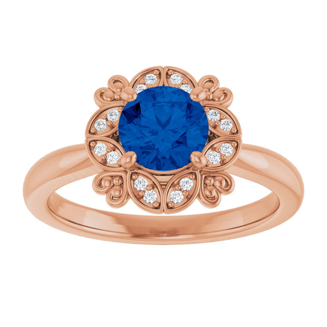 14K Gold Round Lab-Grown Blue Sapphire & Natural Diamond Halo-Style Ring II - Rose Gold - view 3