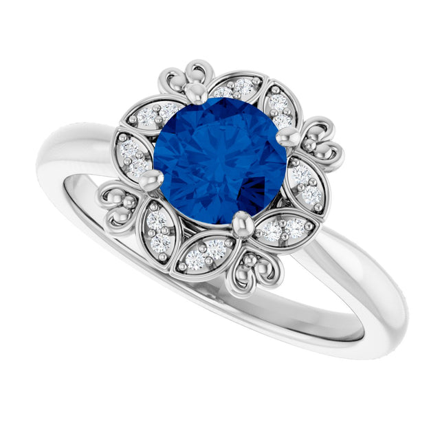 14K Gold Round Lab-Grown Blue Sapphire & Natural Diamond Halo-Style Ring II - White Gold - view 5