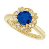 14K Gold Round Lab-Grown Blue Sapphire & Natural Diamond Halo-Style Ring II - Yellow Gold - view 5