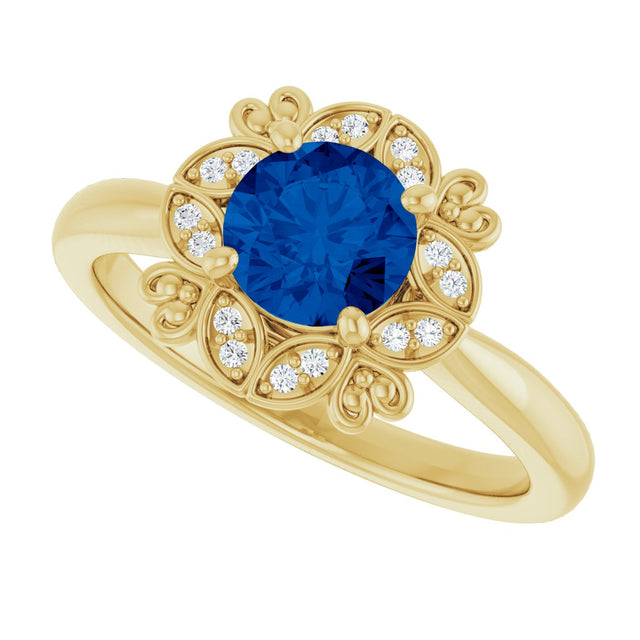 14K Gold Round Lab-Grown Blue Sapphire & Natural Diamond Halo-Style Ring II - Yellow Gold - view 5
