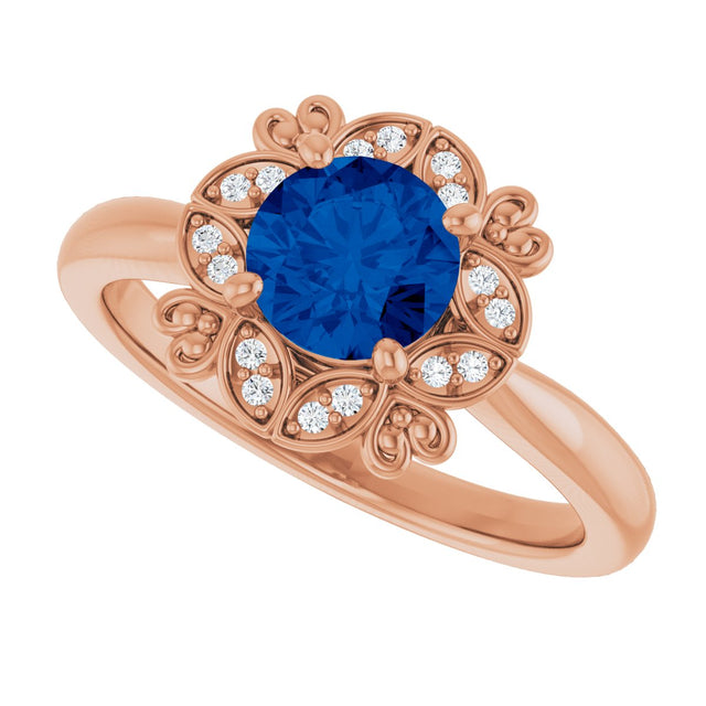 14K Gold Round Lab-Grown Blue Sapphire & Natural Diamond Halo-Style Ring II - Rose Gold - view 5