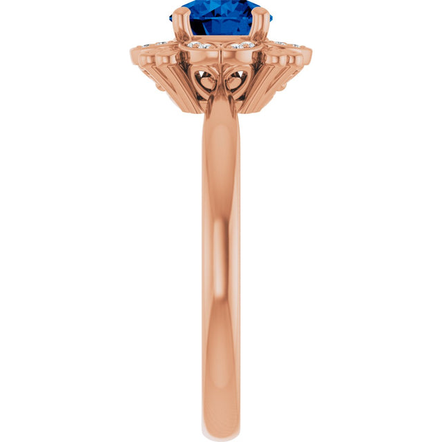 14K Gold Round Lab-Grown Blue Sapphire & Natural Diamond Halo-Style Ring II - Rose Gold - view 4