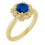 14K Gold Round Lab-Grown Blue Sapphire & Natural Diamond Halo-Style Ring II - Yellow Gold