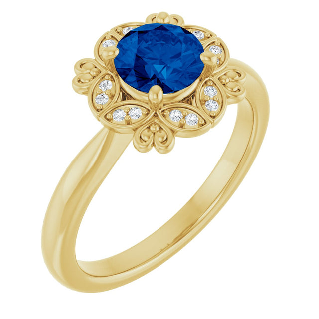 14K Gold Round Lab-Grown Blue Sapphire & Natural Diamond Halo-Style Ring II - Yellow Gold