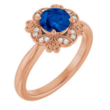 14K Gold Round Lab-Grown Blue Sapphire & Natural Diamond Halo-Style Ring II - Rose Gold