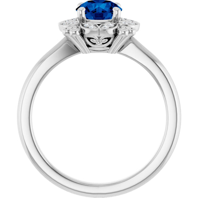 Platinum Round Lab-Grown Blue Sapphire & Natural Diamond Halo-Style Ring – 6mm Stones - view 2