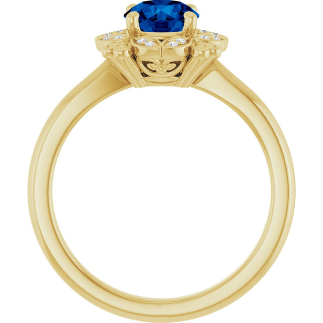14K Gold Round Lab-Grown Blue Sapphire & Natural Diamond Halo-Style Ring II - Yellow Gold - view 2