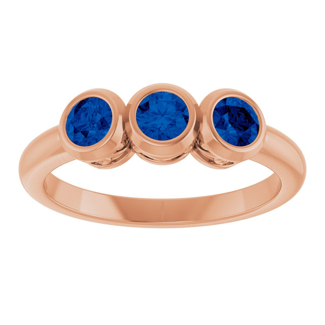 14K Gold Round Lab-Grown Blue Sapphire Three-Stone Bezel-Set Ring - Rose Gold - view 10
