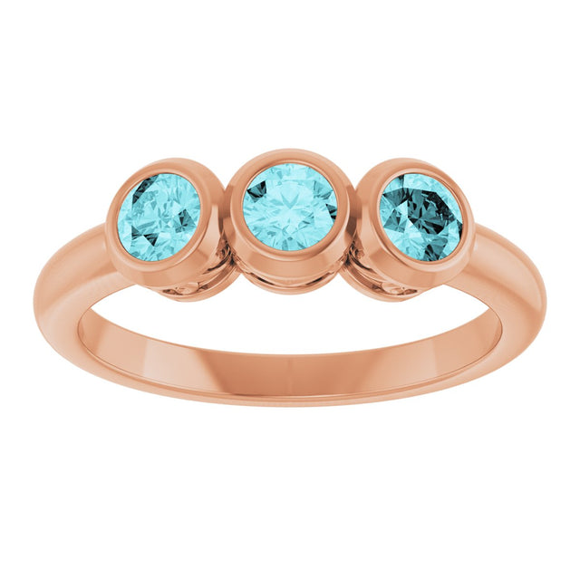 14K Gold Round Natural Blue Zircon Three-Stone Bezel-Set Ring - Rose Gold - view 8