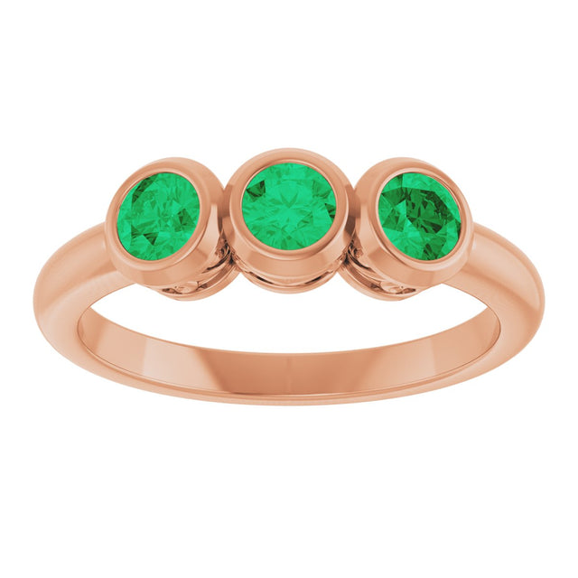 14K Gold Round Natural Emerald Three-Stone Bezel-Set Ring - Rose Gold - view 8