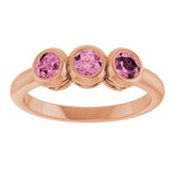 14K Gold Round Natural Pink Tourmaline Three-Stone Bezel-Set Ring - Rose Gold - view 8