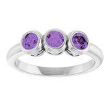 14K Gold Round Natural Amethyst Three-Stone Bezel-Set Ring - White Gold - view 8