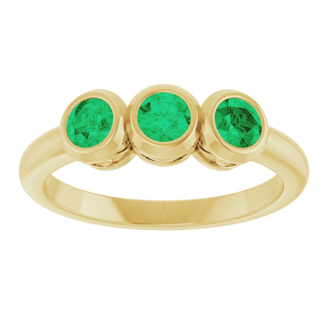 14K Gold Round Lab-Grown Emerald Three-Stone Bezel-Set Ring - Yellow Gold - view 8