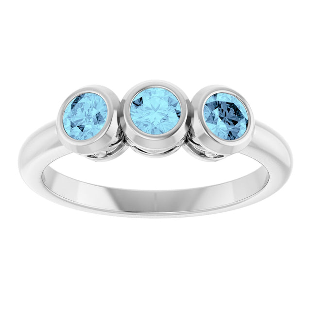 14K Gold Round Natural Aquamarine Three-Stone Bezel-Set Ring - White Gold - view 8