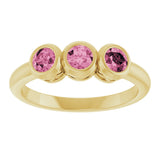 14K Gold Round Natural Pink Tourmaline Three-Stone Bezel-Set Ring - Yellow Gold - view 8