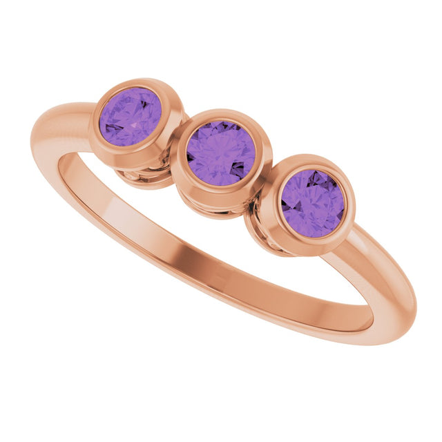 14K Gold Round Natural Amethyst Three-Stone Bezel-Set Ring - Rose Gold - view 14