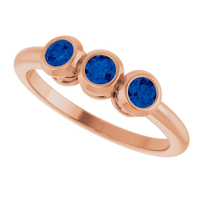 14K Gold Round Natural Blue Sapphire Three-Stone Bezel-Set Ring - Rose Gold - view 14