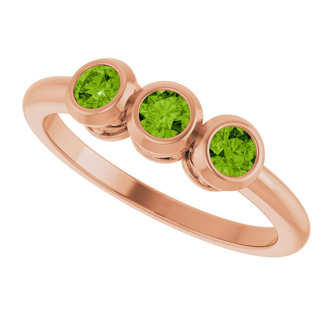 14K Gold Round Natural Peridot Three-Stone Bezel-Set Ring - Rose Gold - view 14
