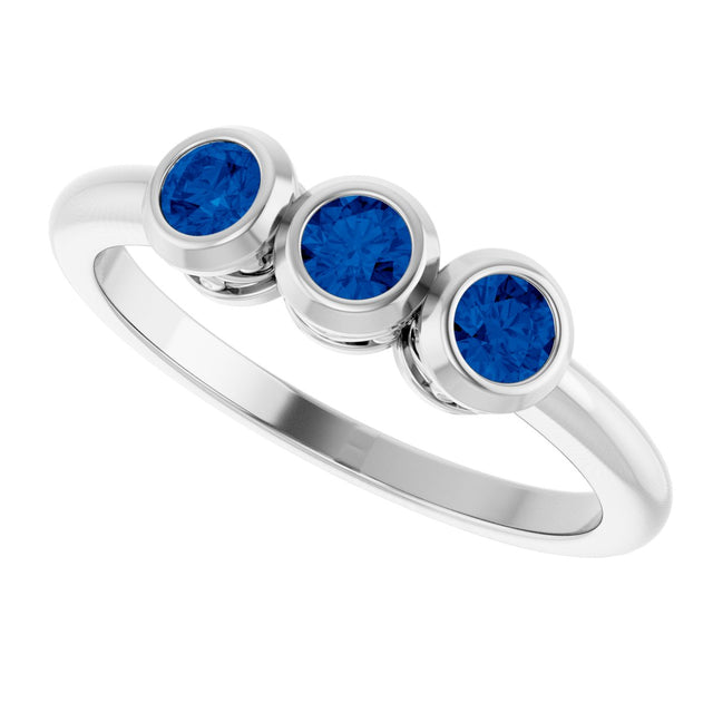 14K Gold Round Natural Blue Sapphire Three-Stone Bezel-Set Ring - White Gold - view 10