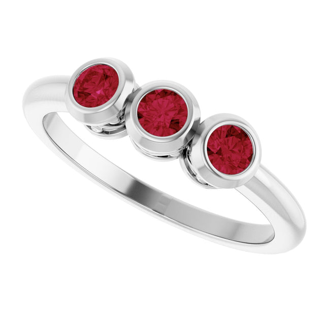 14K Gold Round Natural Ruby Three-Stone Bezel-Set Ring - White Gold - view 10