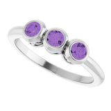 14K Gold Round Natural Amethyst Three-Stone Bezel-Set Ring - White Gold - view 10