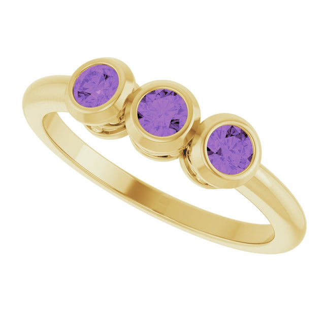 14K Gold Round Natural Amethyst Three-Stone Bezel-Set Ring - Yellow Gold - view 10
