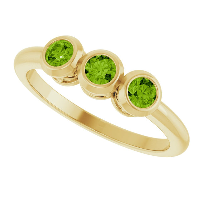 14K Gold Round Natural Peridot Three-Stone Bezel-Set Ring - Yellow Gold - view 10