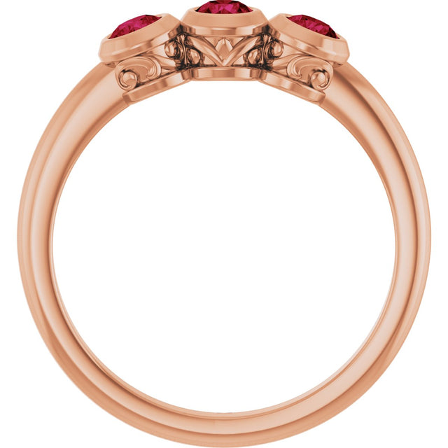 14K Gold Round Natural Ruby Three-Stone Bezel-Set Ring - Rose Gold - view 9