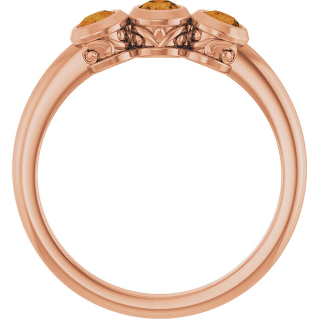 14K Gold Round Natural Citrine Three-Stone Bezel-Set Ring - Rose Gold - view 9