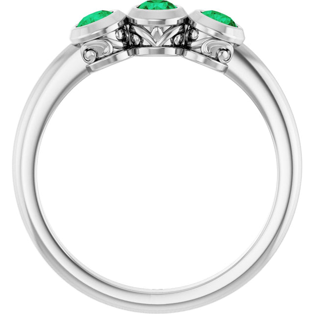 14K Gold Round Natural Emerald Three-Stone Bezel-Set Ring - White Gold - view 7