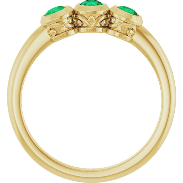 14K Gold Round Natural Emerald Three-Stone Bezel-Set Ring - Yellow Gold - view 7
