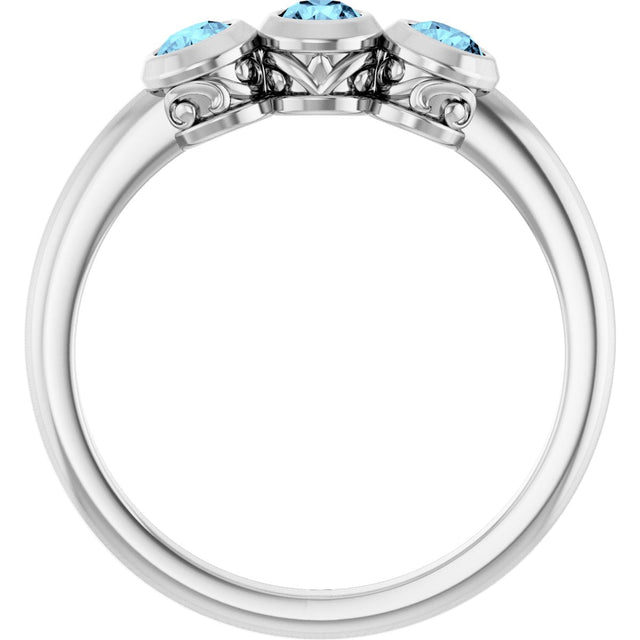 Platinum Round Natural Aquamarine Three-Stone Bezel-Set Ring - view 9