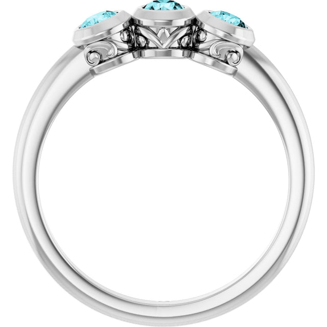 14K Gold Round Natural Blue Zircon Three-Stone Bezel-Set Ring - White Gold - view 7