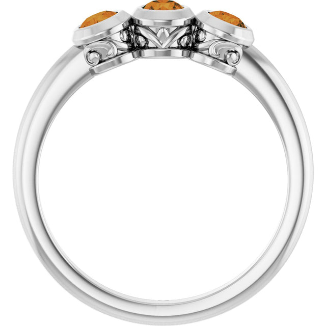 14K Gold Round Natural Citrine Three-Stone Bezel-Set Ring - White Gold - view 7