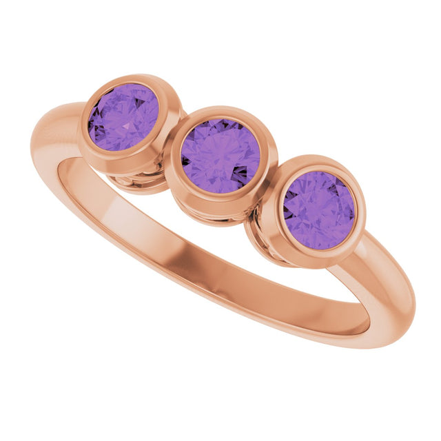 14K Gold Round Natural Amethyst Three-Stone Bezel-Set Ring - Rose Gold - view 10