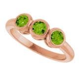 14K Gold Round Natural Peridot Three-Stone Bezel-Set Ring - Rose Gold - view 10