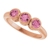 14K Gold Round Natural Pink Tourmaline Three-Stone Bezel-Set Ring - Rose Gold - view 10