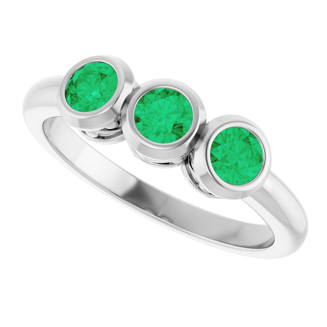 14K Gold Round Natural Emerald Three-Stone Bezel-Set Ring - White Gold - view 10