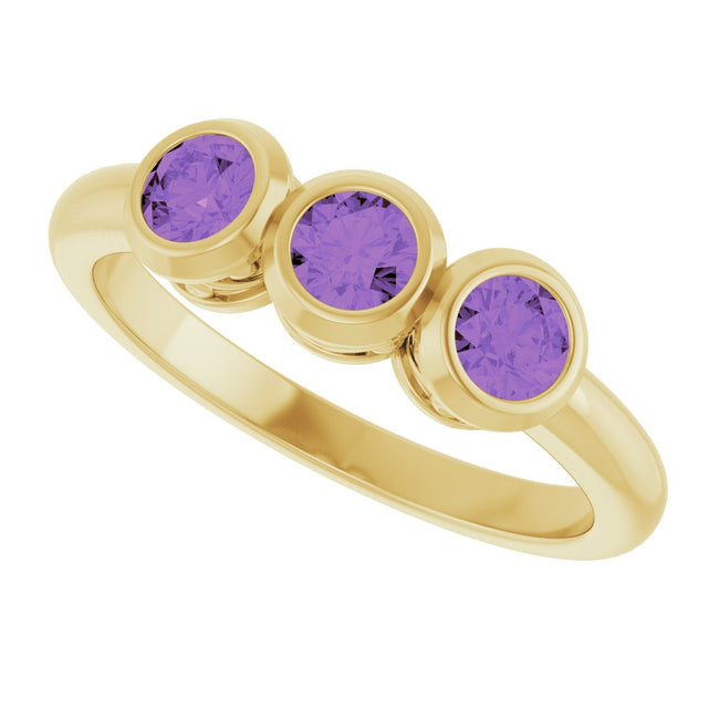 14K Gold Round Natural Amethyst Three-Stone Bezel-Set Ring - Yellow Gold - view 10