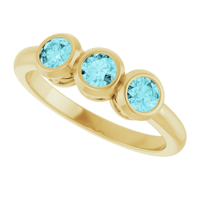 14K Gold Round Natural Blue Zircon Three-Stone Bezel-Set Ring - Yellow Gold - view 10