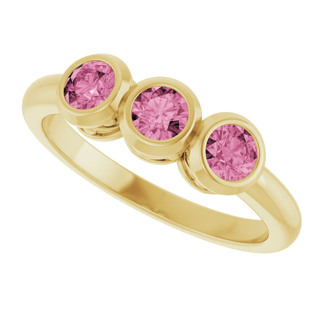 14K Gold Round Natural Pink Tourmaline Three-Stone Bezel-Set Ring - Yellow Gold - view 10